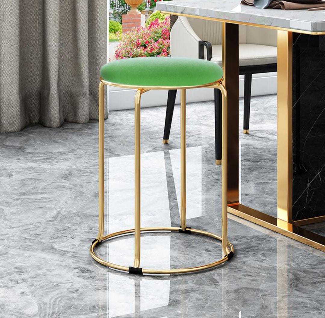 Round vanity stool with artificial Dutch velvet upholstery and metal legs, stackable with non-slip foot pads