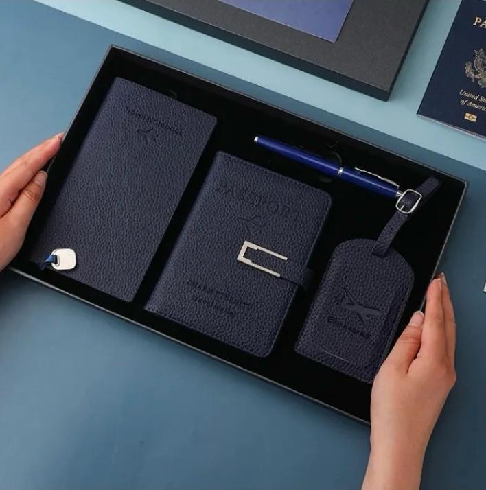 Four piece travel accessories set in a gift box available in black, pink, red, and orange.