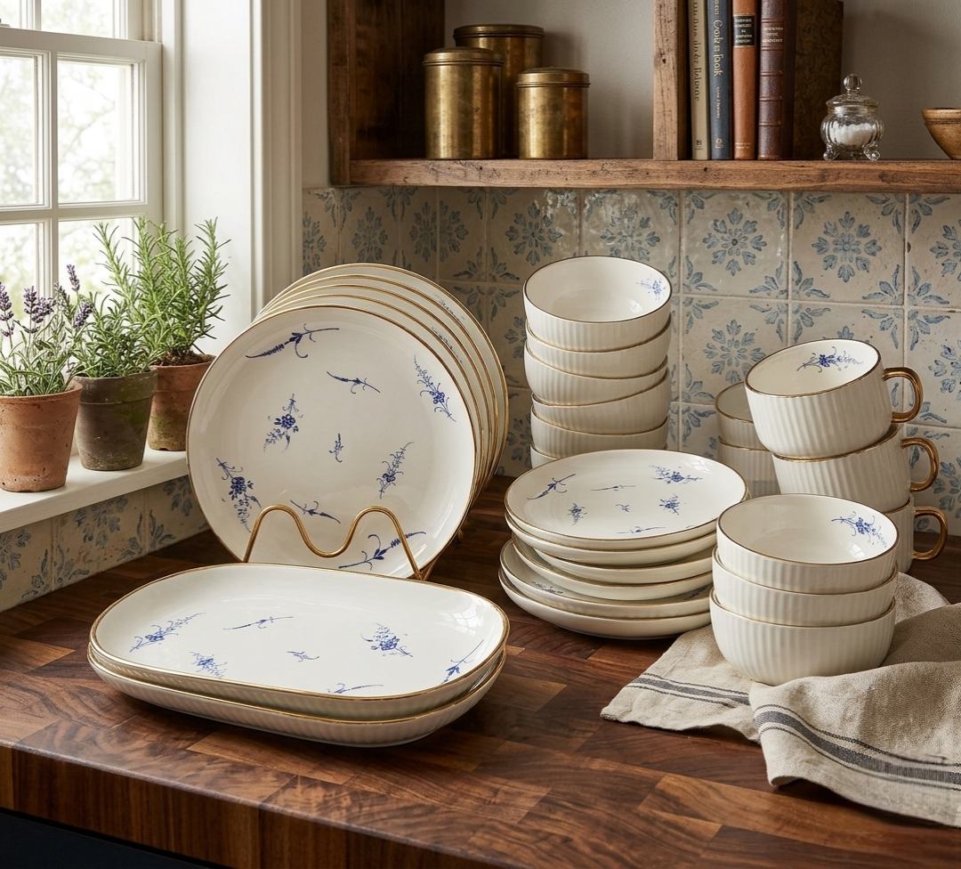 32-Piece Ceramic dinner set with white flowered design including plates, bowls, cups, saucers, and platters