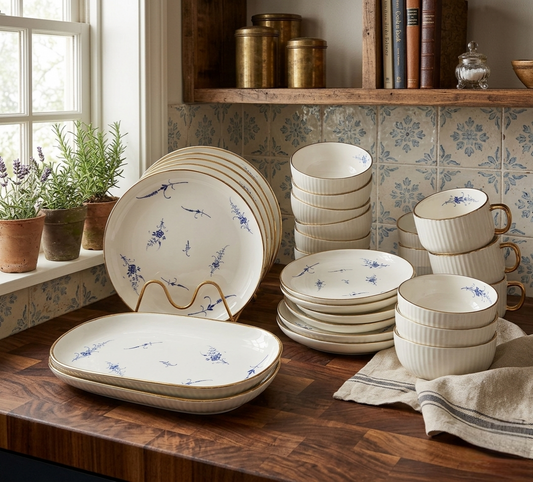 32-Piece Ceramic dinner set with white flowered design including plates, bowls, cups, saucers, and platters