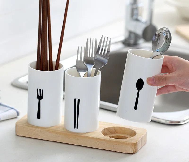 3 Piece Cutlery Organizer With Oak Base