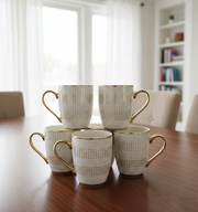 Set of six ceramic mugs suitable for tea and coffee.
