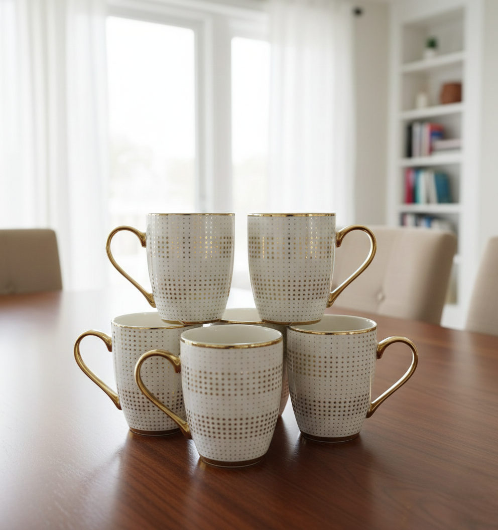 Set of six ceramic mugs suitable for tea and coffee.