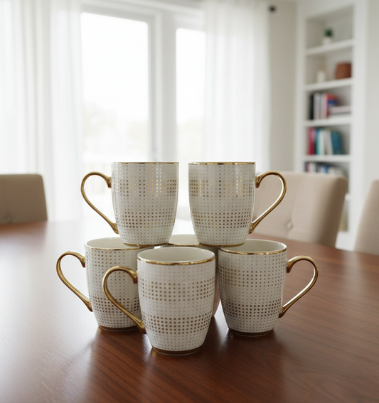 Set of six ceramic mugs suitable for tea and coffee.