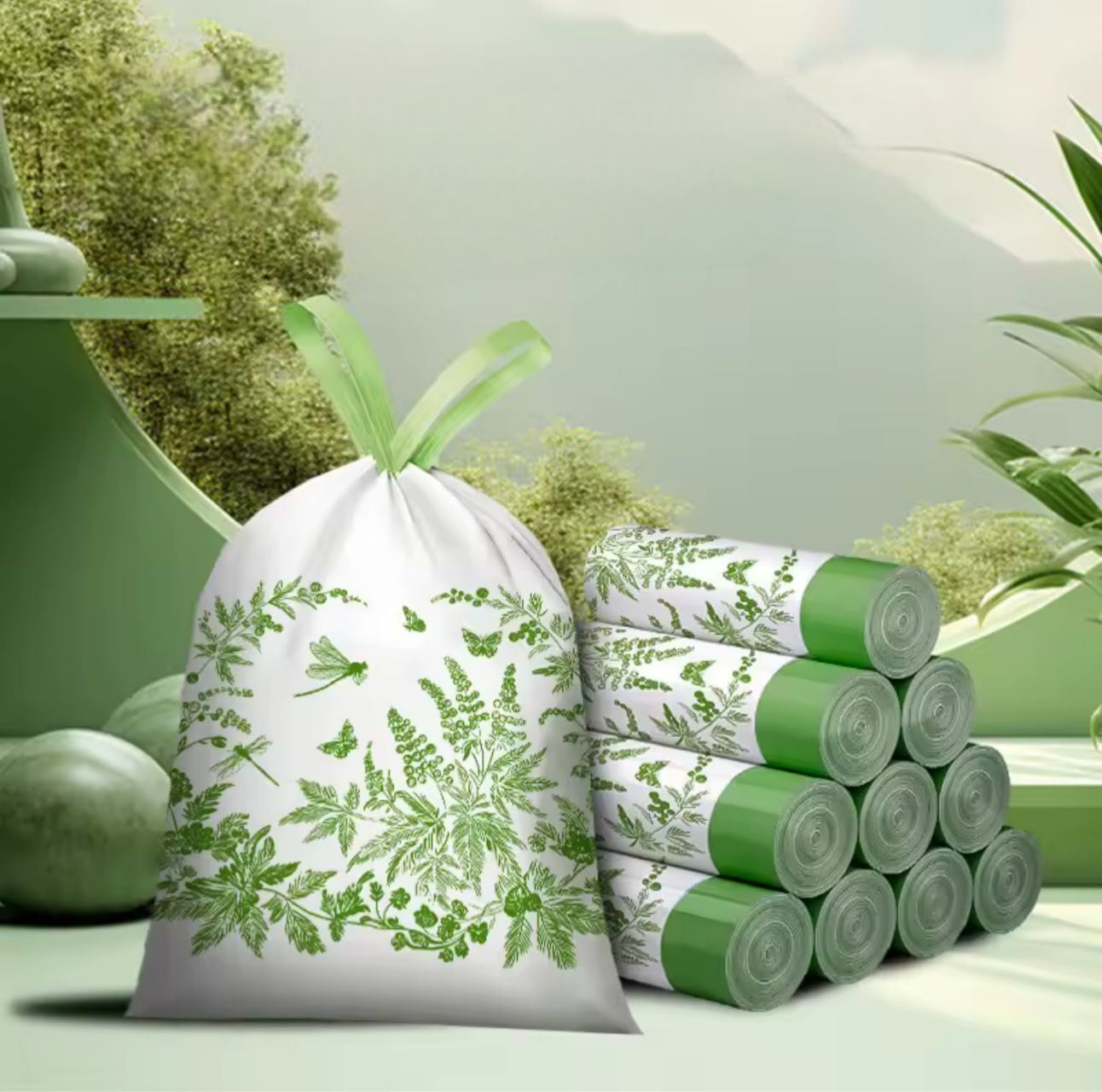 50 Pieces Extra thickened drawstring kitchen garbage bags made from PE material