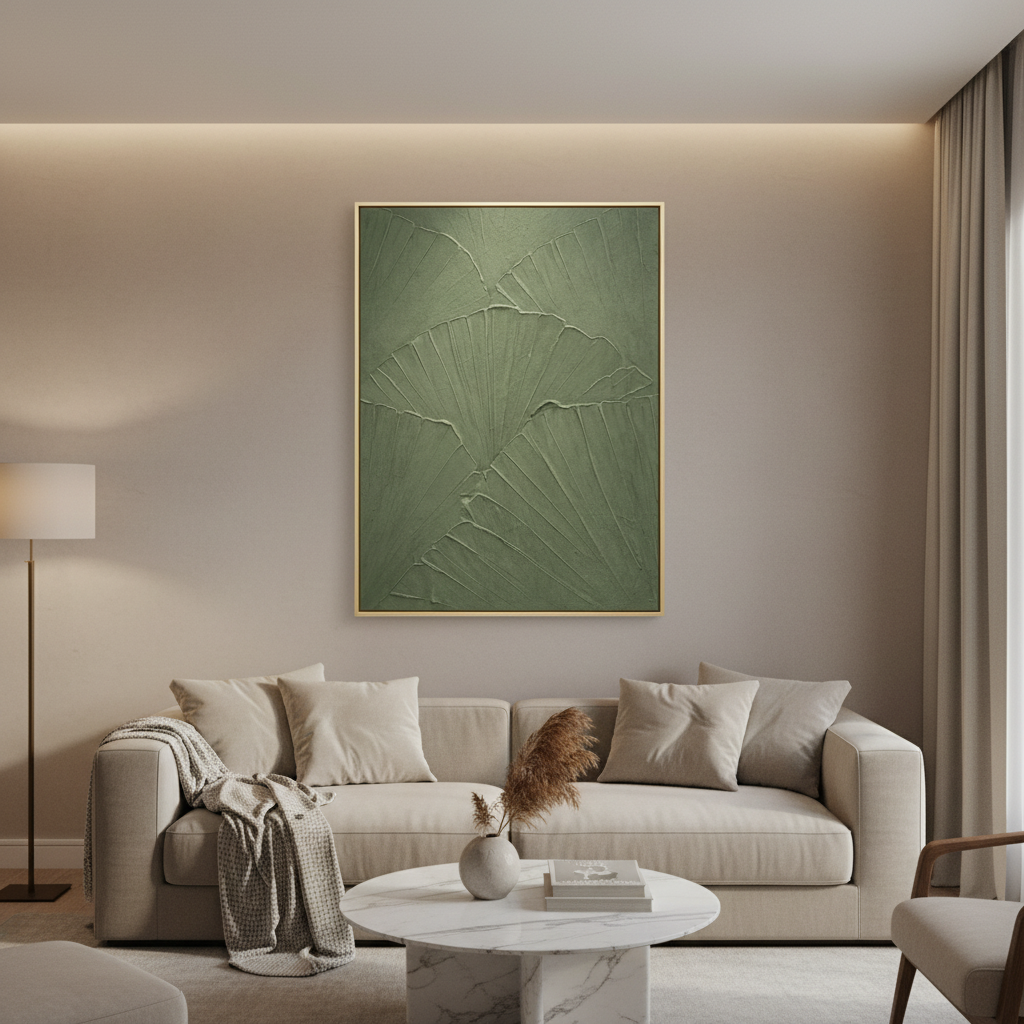 Textured wall art with organic sculptural patterns in white and green, measuring 102 × 142 cm.