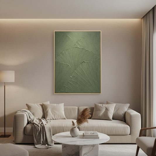 Textured wall art with organic sculptural patterns in white and green, measuring 102 × 142 cm.