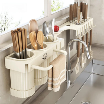 Multifunctional wall mounted cutlery storage rack for organizing kitchen utensils on flat walls or corners