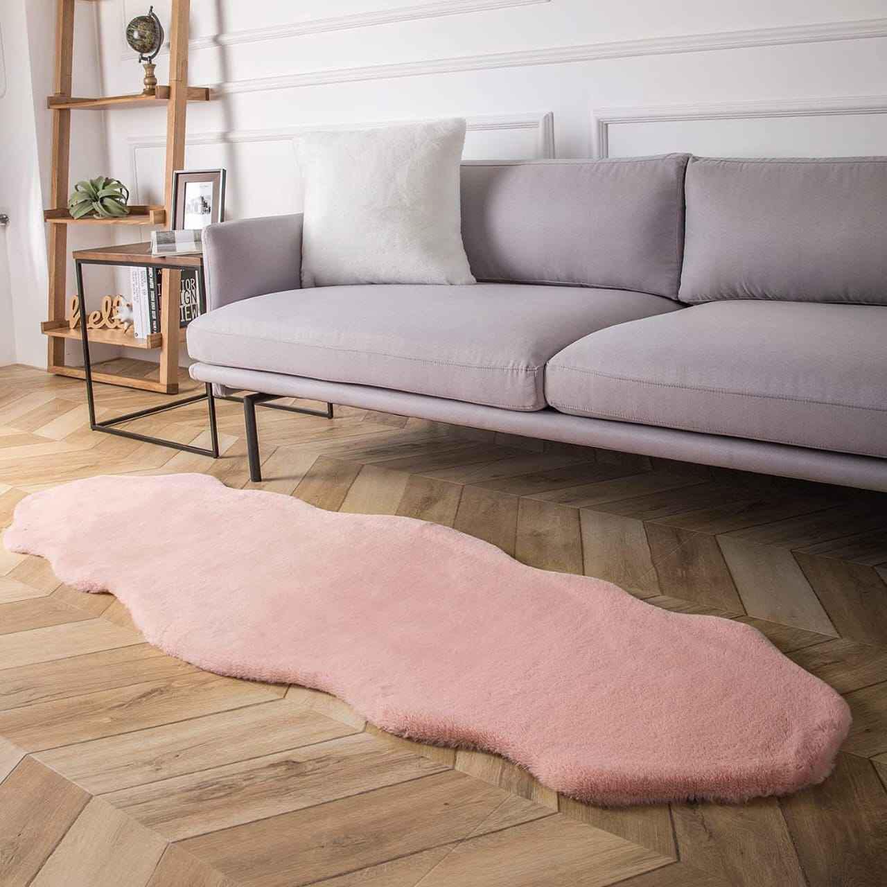 Ultra-soft 60×180cm rabbit fur carpet with irregular shape for bedside or decorative use