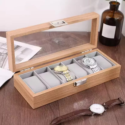 Wooden watch organizer with six slots measuring 31 × 12 × 8 cm
