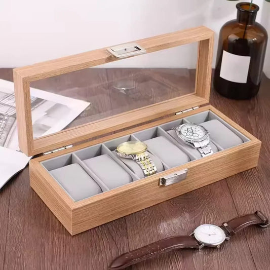 Wooden watch organizer with six slots measuring 31 × 12 × 8 cm