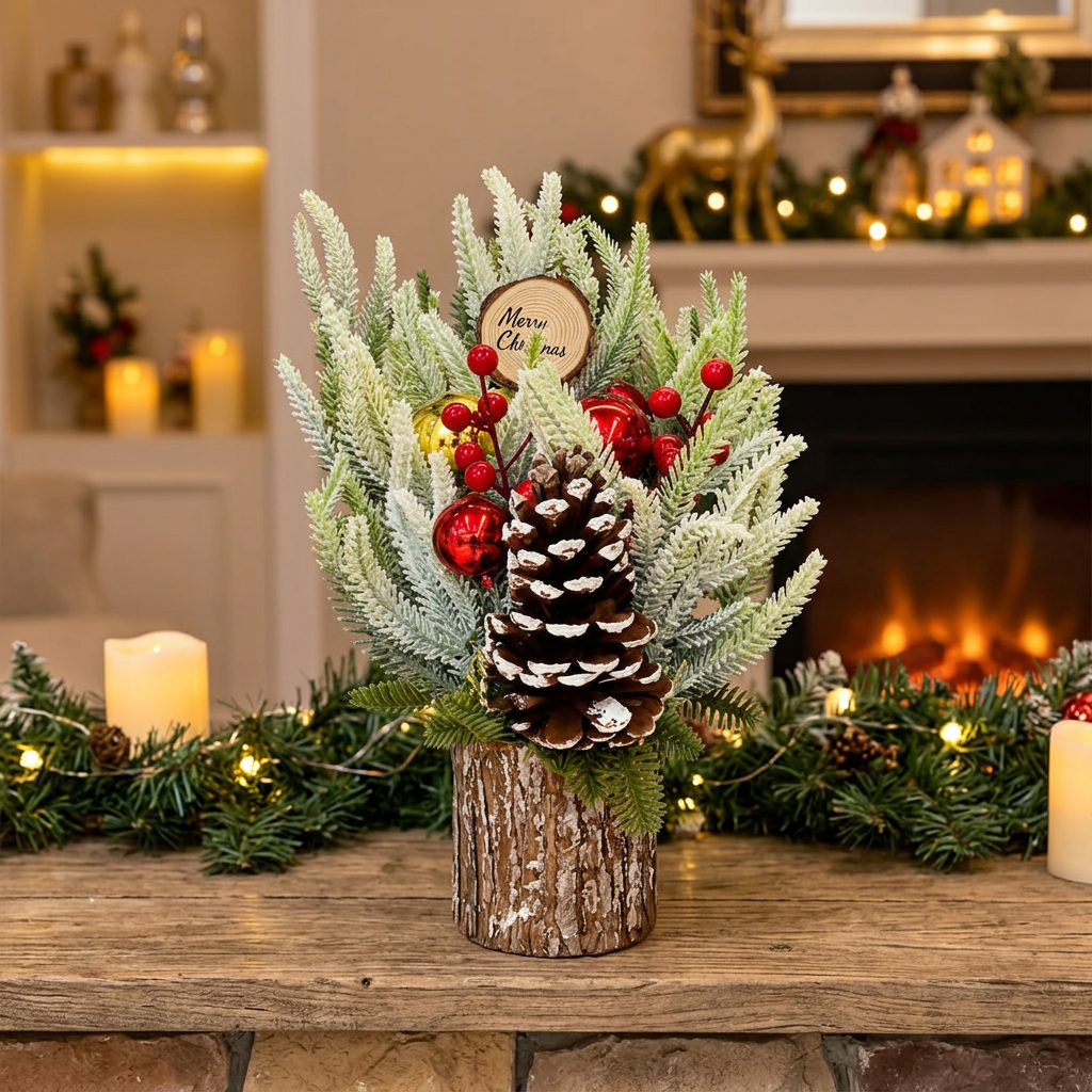35cm  Decorated Snow-Dusted Mini Christmas Tree with Red and Gold Ornaments