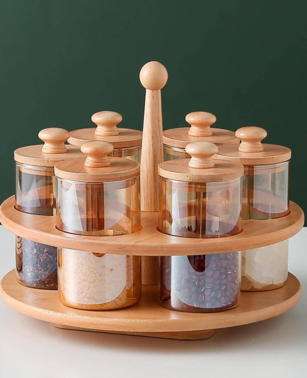 6 in 1 Rotating Spice Rack with Spoon & Bamboo Stand