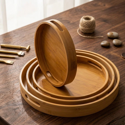 Set of four bamboo serving trays in different sizes for multifunctional kitchen and home use