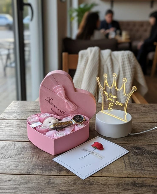 Valentines ladies gift set with watch, love box, LED board, preserved roses, dried flower card, bear/doll, and gift bag