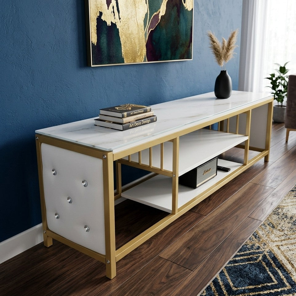 Glass Top TV Stand with Gold Frame