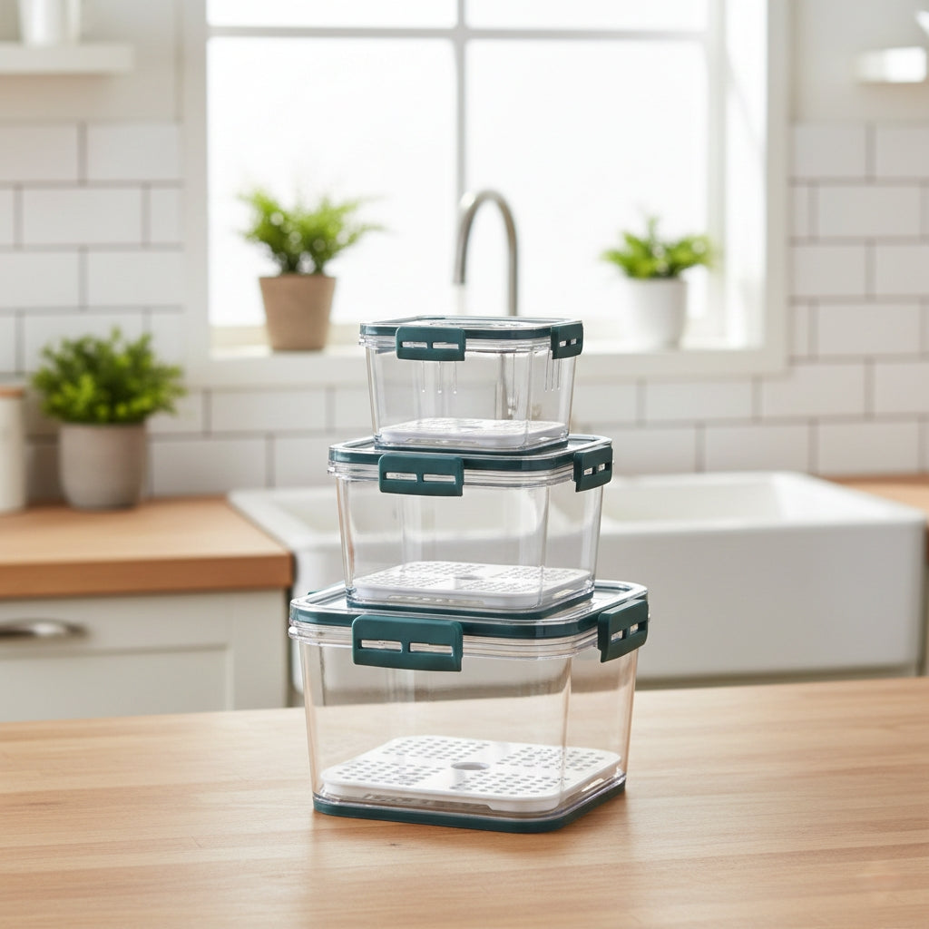 Three-piece stackable PET food storage containers for pantry organization.
