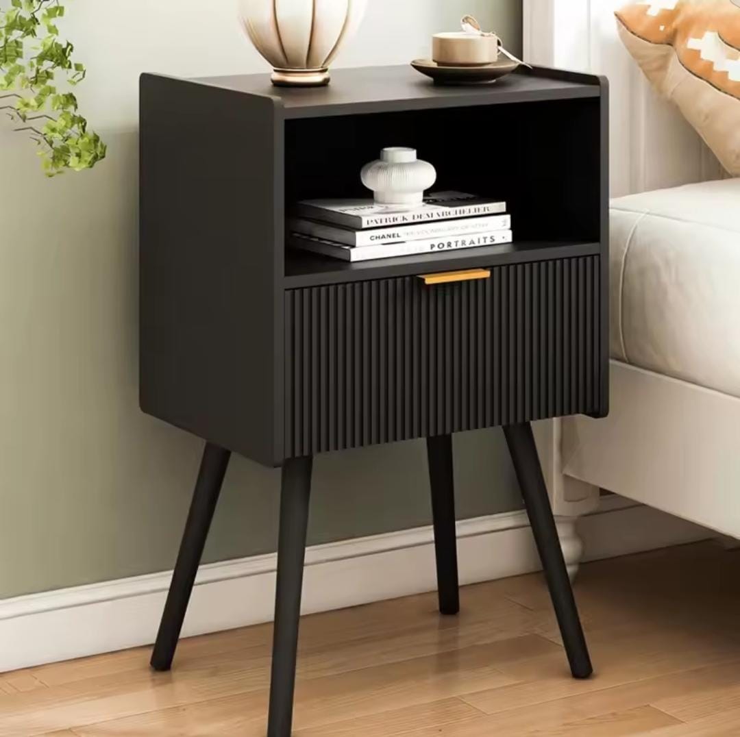 White Nightstand with Storage Drawer and Open Wood Shelf