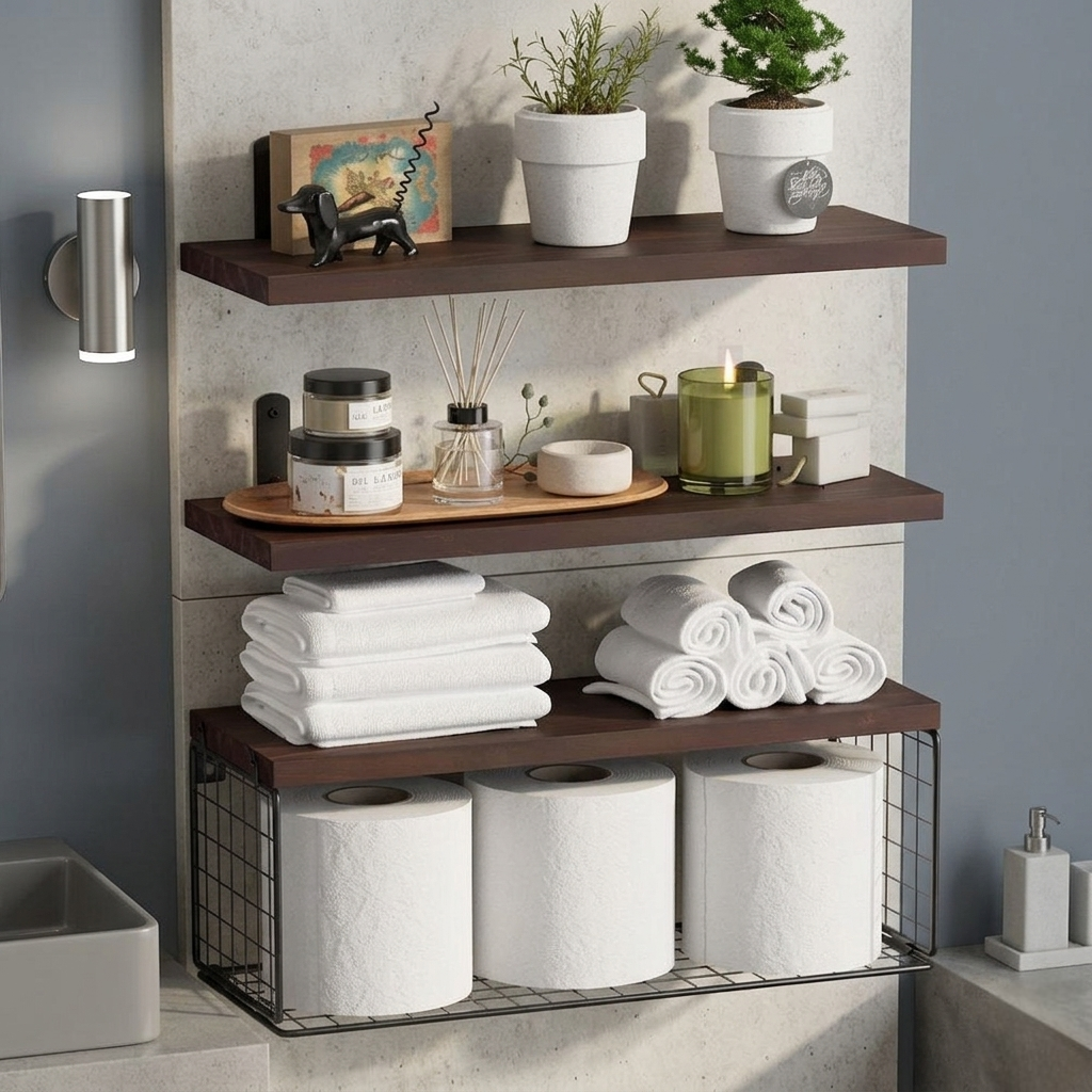 3 Tier solid pine wood floating shelves for bathroom storage and home wall organization