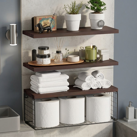 3 Tier solid pine wood floating shelves for bathroom storage and home wall organization