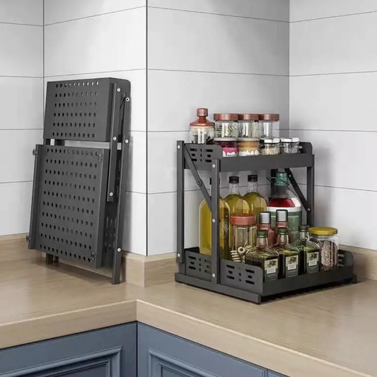 2 Tier Foldable Kitchen Spice Rack Black