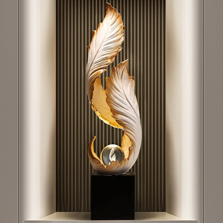 White and Gold Resin Feather Sculpture with Crystal Ball