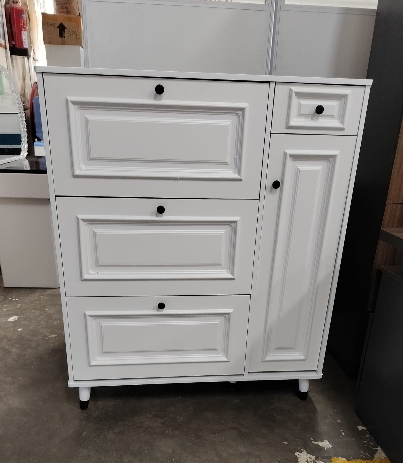 White Multilayer Shoe Cabinet With Black Round Handles
