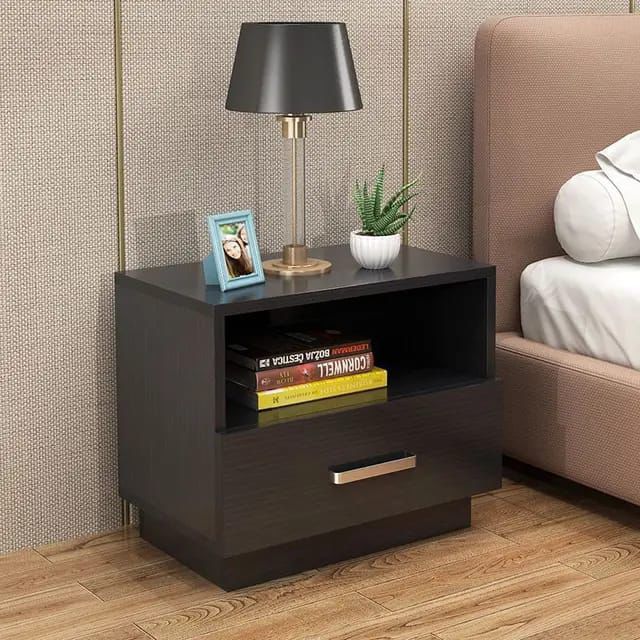 Modern bedside table with drawer and open shelf, minimalist wood nightstand for bedroom storage