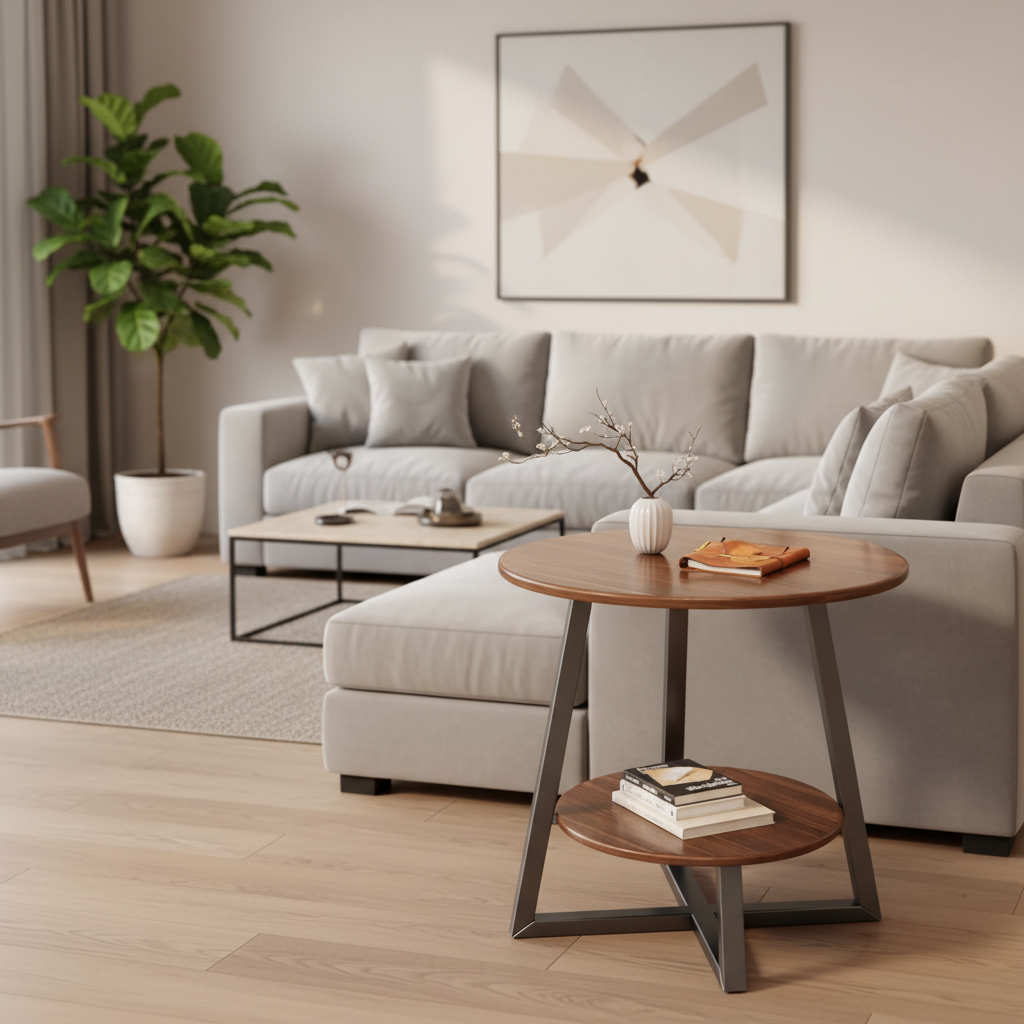 Double Layer Flower Shaped Side Table with Marble Texture