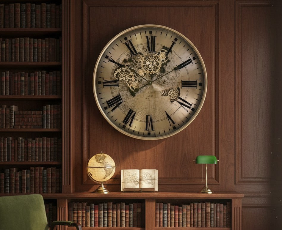 60cm round vintage wall clock with exposed gear design and retro mechanical style