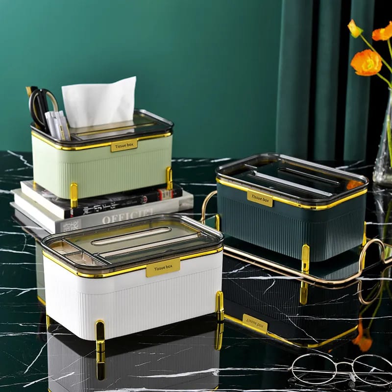 Multifunction tissue box with 4 compartments for home or office organization.