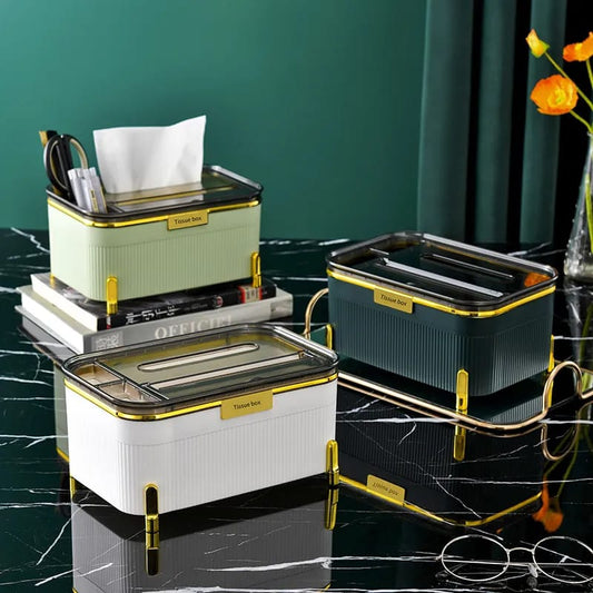 Multifunction tissue box with 4 compartments for home or office organization.
