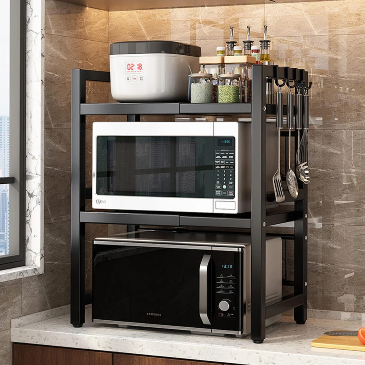 2-Tier Expandable Metallic Microwave Stand