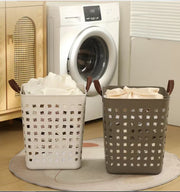 Breathable laundry basket with sturdy handles in white and coffee