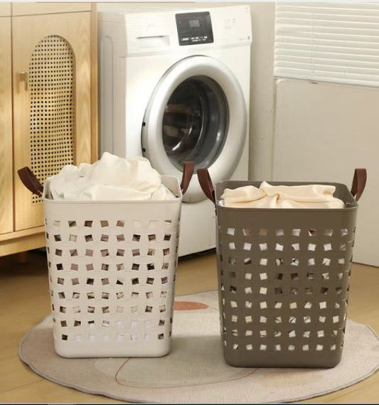 Breathable laundry basket with sturdy handles in white and coffee