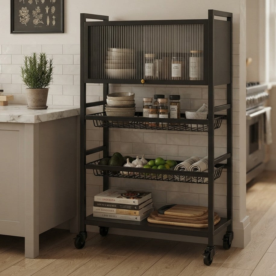 3 Layer Kitchen Storage Rack with Cabinet and Wheels