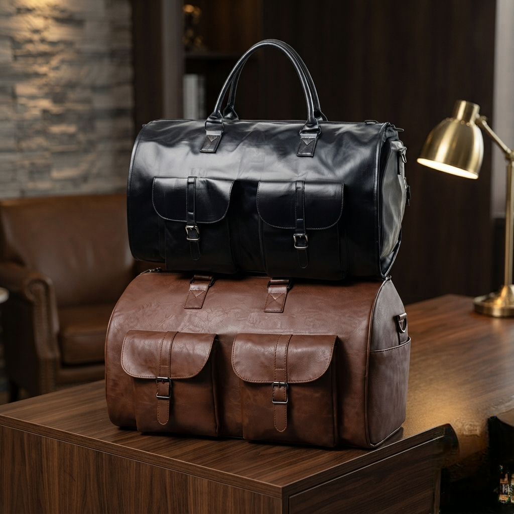 2 in 1 convertible garment duffel bag in black and classic brown for wrinkle-free travel with suits, dresses, shoes, and accessories.