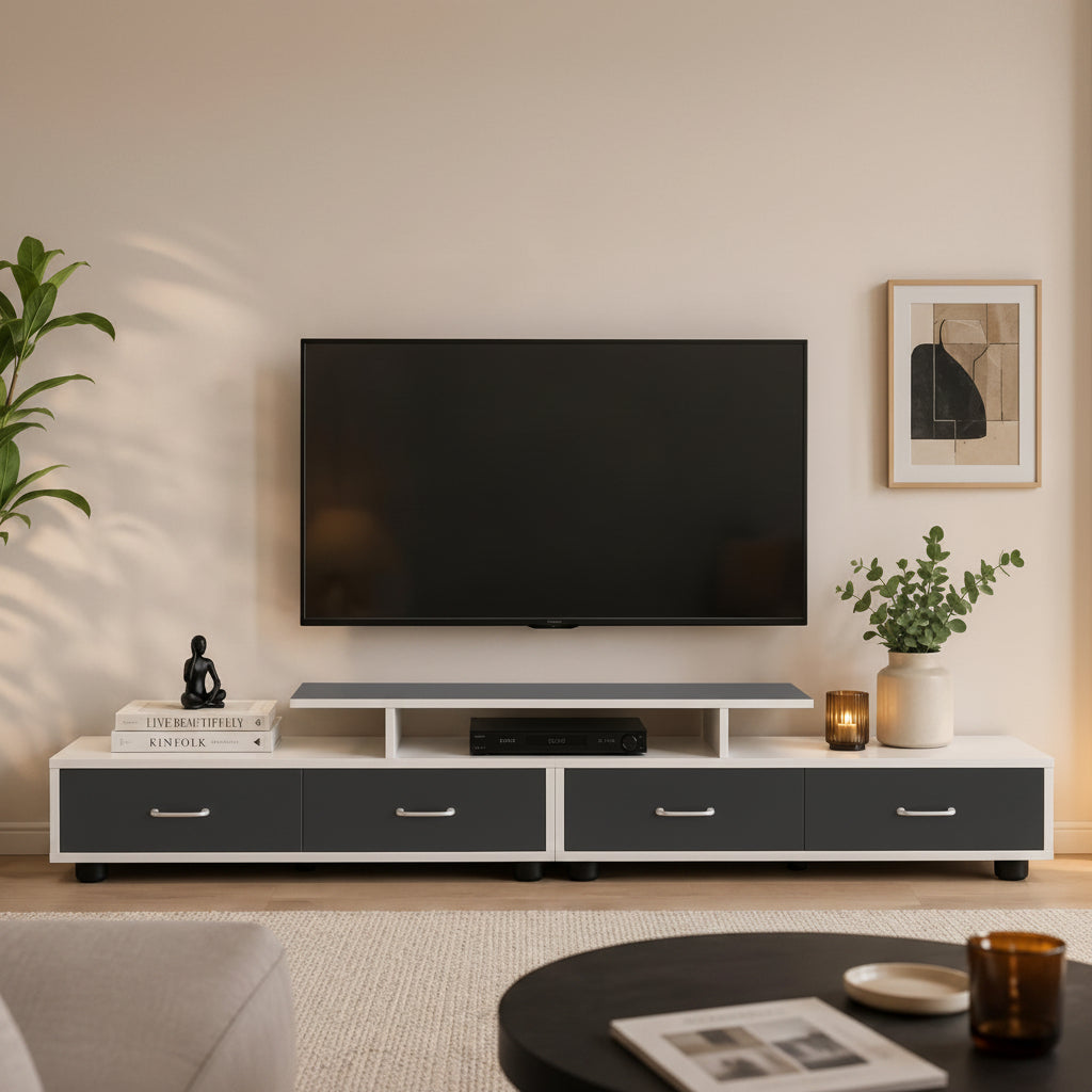 Extendable TV stand measuring 1.2 to 1.7 m with 4 drawers and 3 shelves, suitable for TVs up to 65 inches, available in white and black.