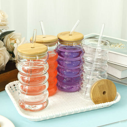 6Pcs Borosilicate Ripple Wave Glass Cup With Bamboo Lid