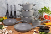 15-Piece grey cookware set including pots, pans, and lids for versatile cooking.