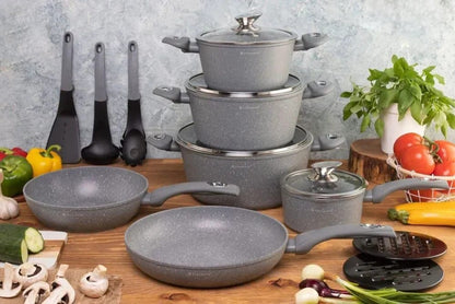 15-Piece grey cookware set including pots, pans, and lids for versatile cooking.