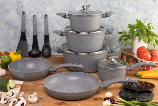 15-Piece grey cookware set including pots, pans, and lids for versatile cooking.