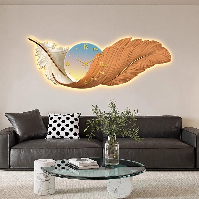 Modern LED feather wall clock with landscape design for home or office décor