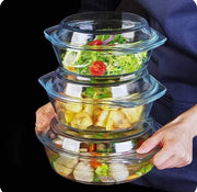 Set of 3 high borosilicate glass casseroles with lids, heat-resistant and suitable for oven, microwave, freezer, and dishwasher