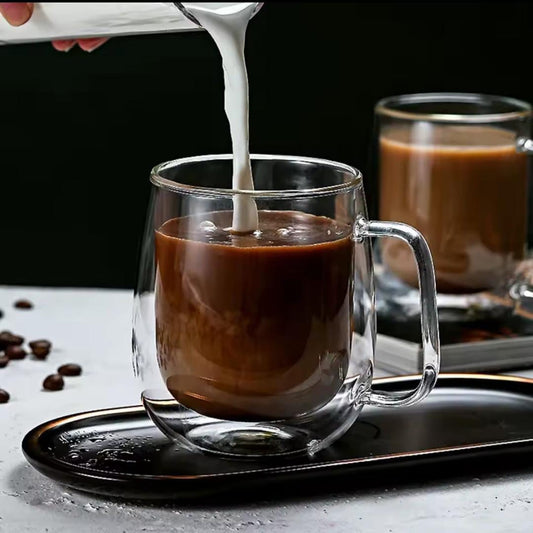 Transparent 350ml double wall heat-resistant mug for hot and cold beverages.