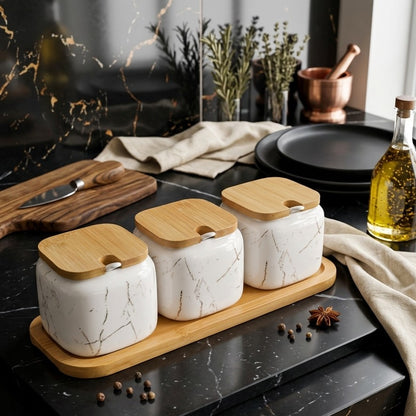 3pcs Ceramic Condiment Set with Lids Spoons and Tray