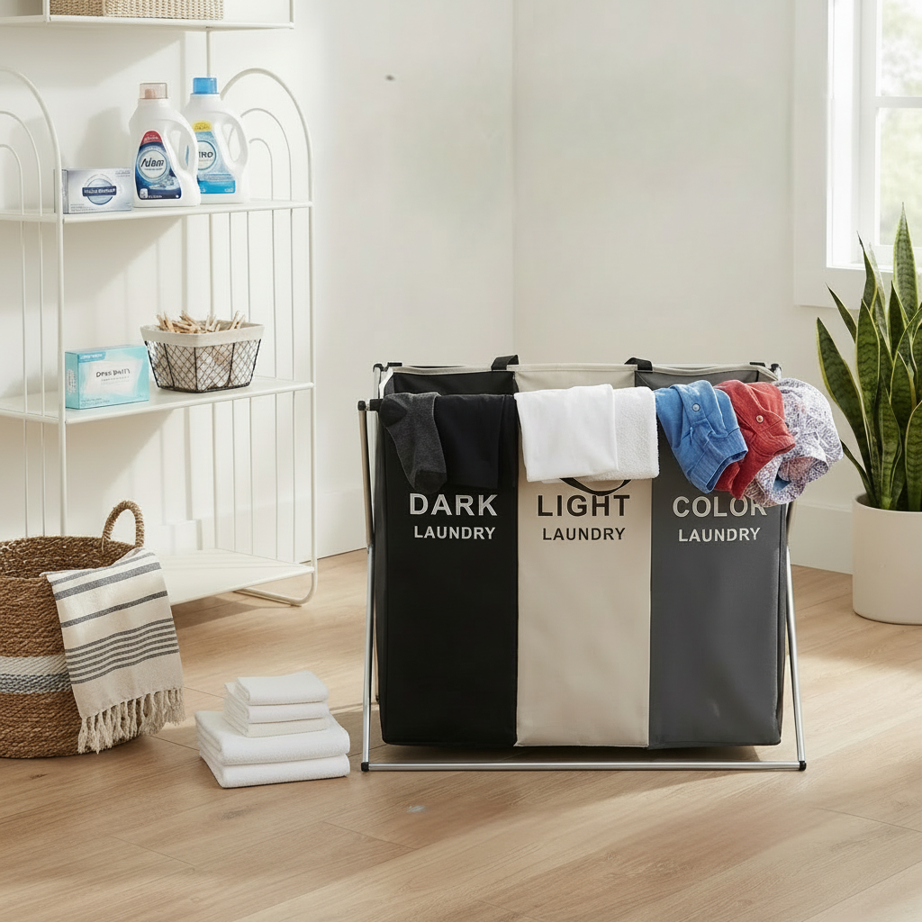 Foldable laundry basket with aluminium frame for clothes and toy storage.