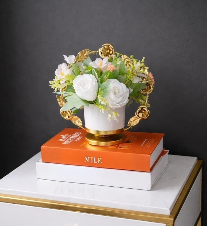 Metallic and ceramic decorative vase with flowers, elegant home décor centerpiece