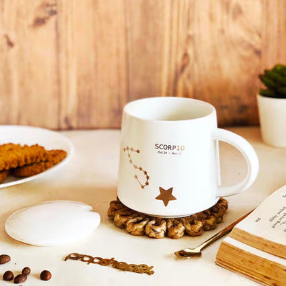 White Ceramic Gold Constellation Mug Set with Lid and Spoon