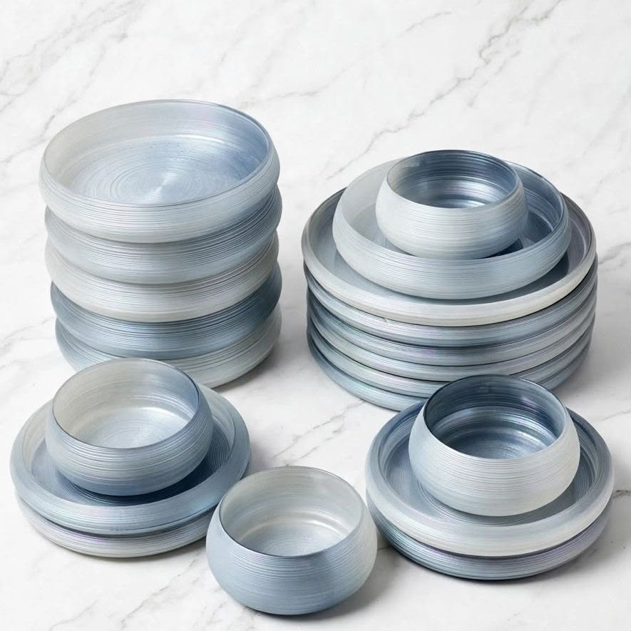 24Pc Frosted Ribbed Glass Dinner Set – Pearlescent Blue Grey